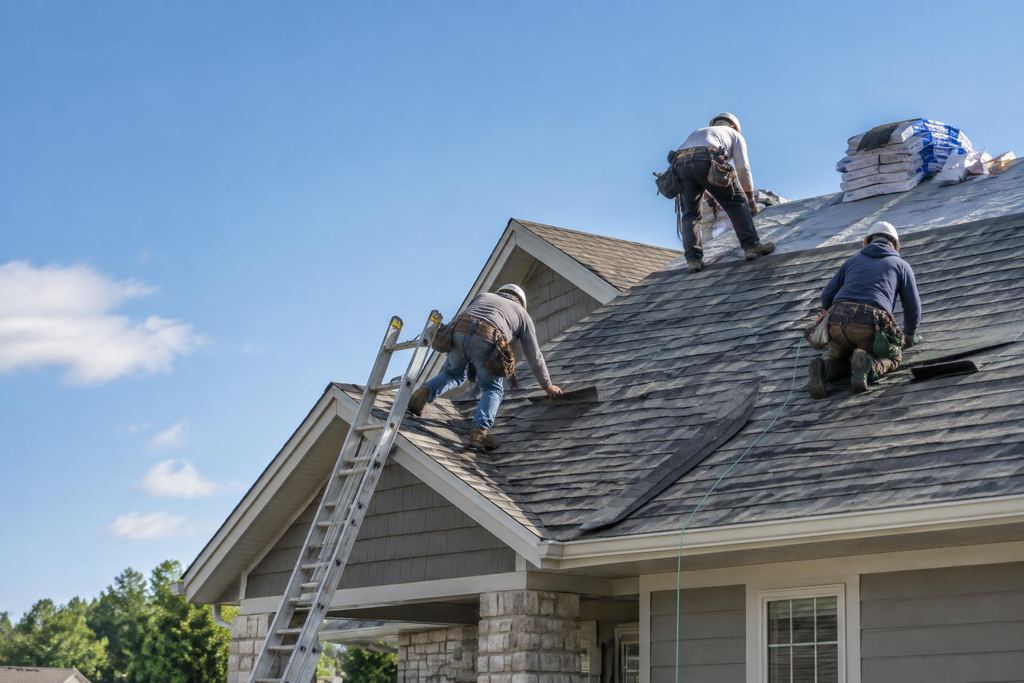 Roofing crew installing shingles on a residential job site